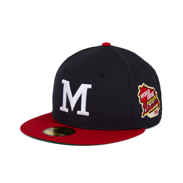 Milwaukee Braves New Era 1957 World Series Patch Red Undervisor 59FIFTY  Fitted Hat - White