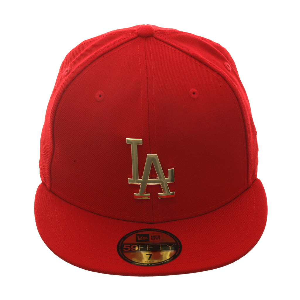 Exclusive New Era 59Fifty Los Angeles Dodgers Metal Badge Hat - Red, Metal Gold