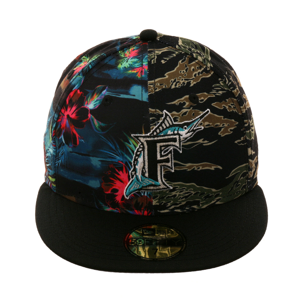 Exclusive New Era 5950 Split Panel Marlins 93 Hat - 2T Floral, Tiger Camo, Black