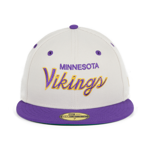 Exclusive New Era 59Fifty Minnesota Vikings Script Hat - 2T Stone, Purple