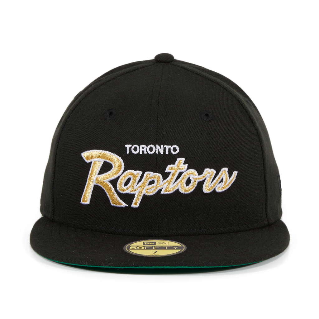 Exclusive New Era 59Fifty Toronto Raptors Script Hat - Black, Metallic Gold