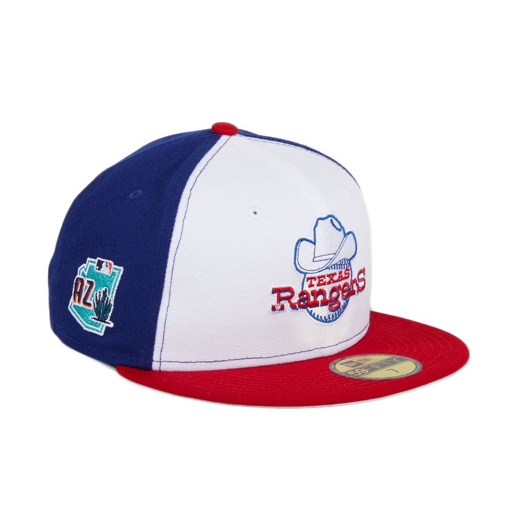 Pre-Order Exclusive New Era 59Fifty Texas Rangers 1972 Spring Training 2020 Patch Rail Hat - White, Royal & Red