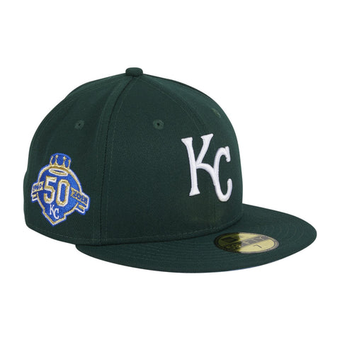 Exclusive New Era 59Fifty Kansas City Royals 50th Anniversary Patch w/ Light Blue UV Hat - Green, White